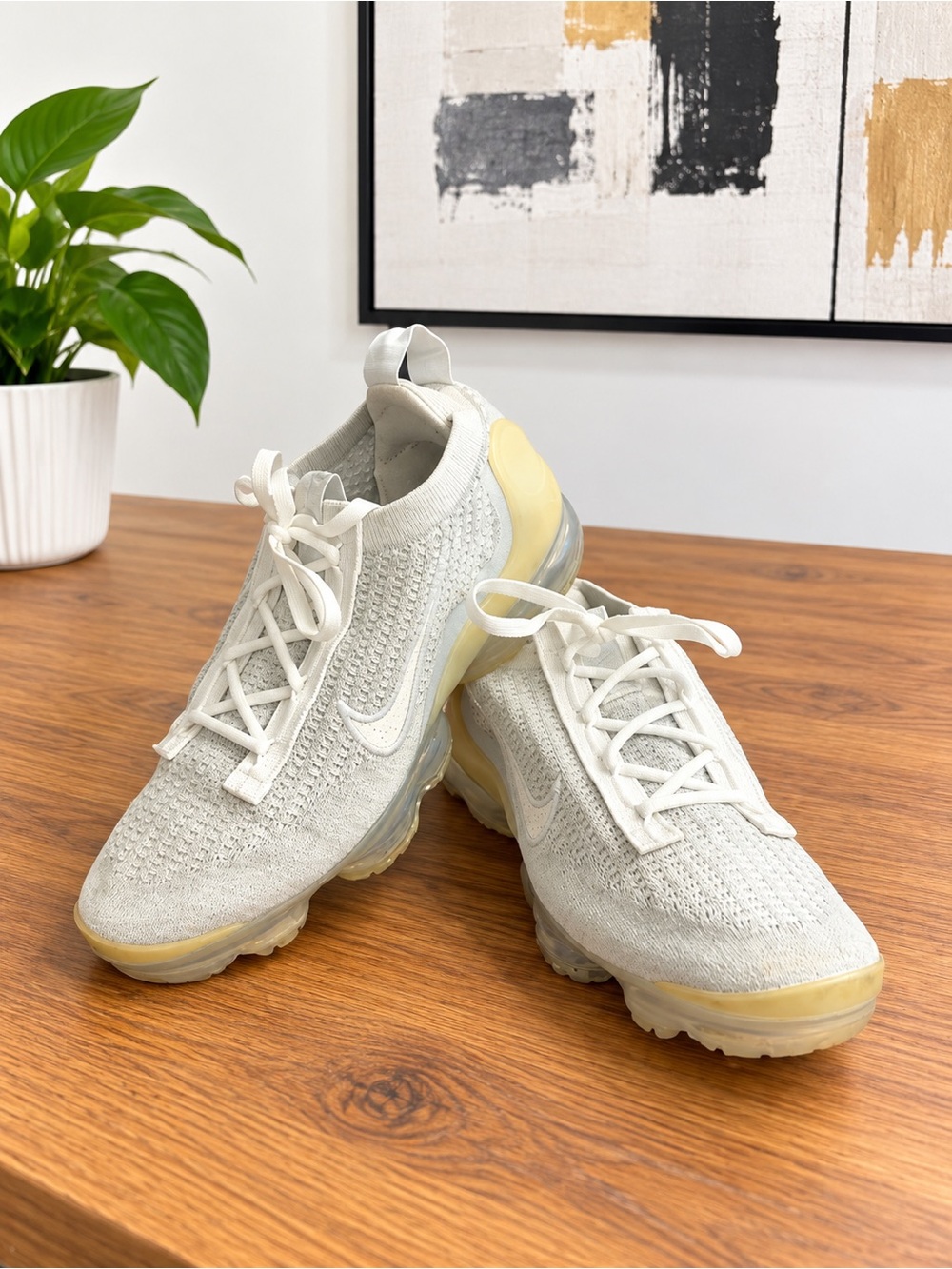 Nike Women’s Flyknit VaporMax Sneakers — Cream with Yellow Accents